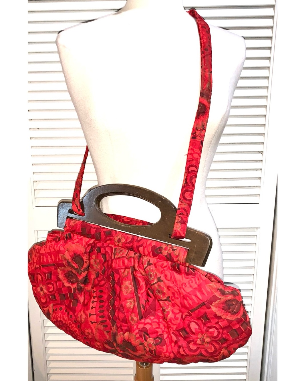 Vintage Handmade Quilted Bag Wood Handle Boho large